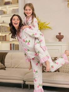 Tween Girls Matching Pajamas Pink Rose Floral Print Long Sleeve Lapel Woven Fabric Pant Sets For Mom And Daughter Casual - Multicolor - View 3
