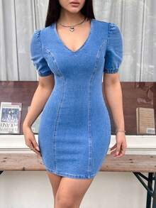 SHEIN EZwear 女士休闲V领泡泡袖修身牛仔连衣裙，适合夏季日常通勤 - 藍色 - 查看 4