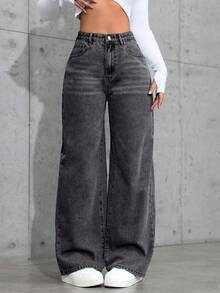 SHEIN ICON سراويل جينز فضفاضة كاجوال للنساء بجيوب...