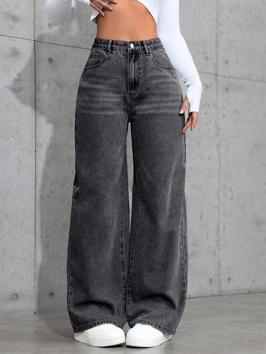 SHEIN ICON Quần jeans ống đứng cạp cao, giặt mài, phong cách thường ngày - Màu xám đen - Xem 1
