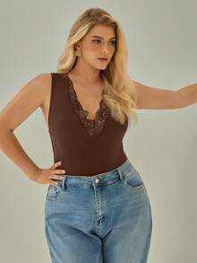 SHEIN Essnce Plus Size Women's Spring And Summer Fashion Elegant Casual Comfortable Sexy Deep V Lace Splicing Tight Tank Top,Curve Tops,Summer Outfits For Women,Sexy Black Tops,Valentines Clothes,Going Out Tops - Brown - View 3