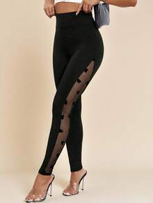 Amorya 女士黑色修身长裤，弹力针织面料，植绒拼接爱心图案，高腰设计，适合秋冬季及早春穿着。 - 黑色 - 查看 2