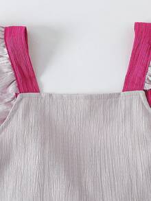 2pcs/Set Tween Girls Cute Vibrant Colorblock Spaghetti Strap Bow Ruffle Decor Short Sleeve Top And Straight Leg Pants Set, Casual Everyday & Outdoor Wear, Suitable For Spring/Summer - Pink - View 4