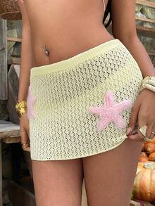 Sunnyshic Women's Minimalist Sweet Yellow Cropped Starfish Print Bodycon Knit Sweater & Skirt Set, Summer - Yellow - View 7