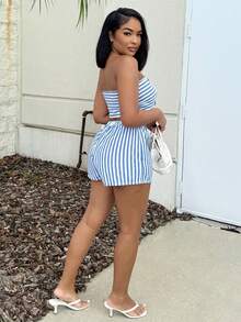 Alexandranx WYWH Vacation Two Pieces Striped Knot Front Crop Tube Blue&White Off Shoulder Top & Shorts Two Pieces - Blue and White - View 5
