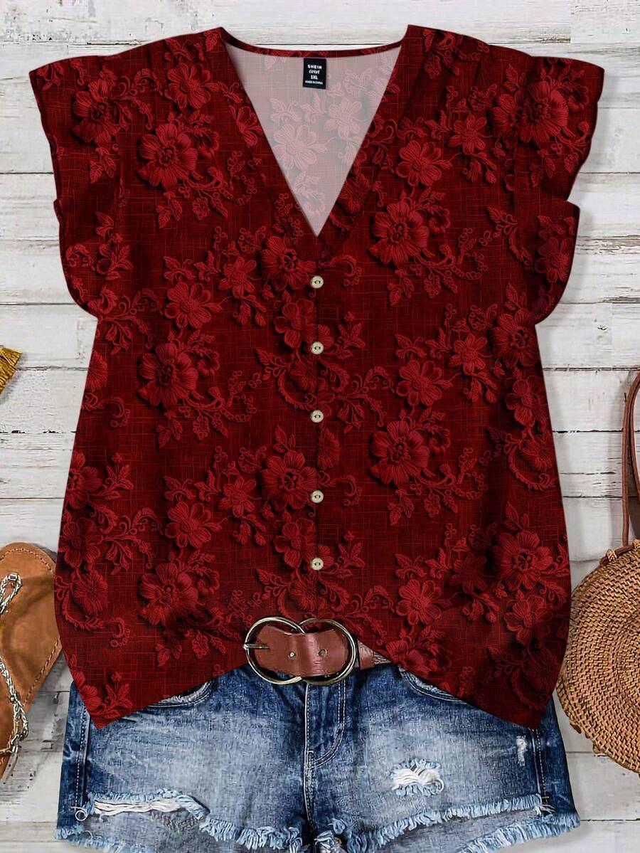 EMERY ROSE Plus Size Women Casual Floral Print V-Neck Shirt, Suitable For Summer Spring,Flower/Vacation - Multicolor - View 1