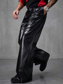 Manfinity RebelGame Men's Loose Flared Leg Pants In Brazilian Leather - Black - View 4