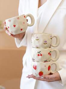 1pc Ins Style Hand-Painted Cherry & Strawberry Ceramic Cup, Asymmetrical Embossed Body, Breakfast Coffee Mug, Girly Desktop Water Cup, Party Afternoon Tea Cup, Red Tea Cup, Large Capacity Water Mug, Coffee Cup - Multicolor - View 3