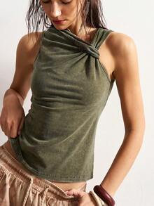 Bohemela Women's Casual Solid Color Knit Fitted Tank Top - Army Green - View 6