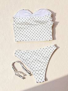 Swim SXY Bonvoyette-D 夏季白色波点随机印花褶皱抹胸可拆卸肩带女士休闲可爱沙滩连体泳衣套装 - 黑與白 - 查看 3