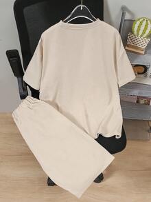 2pcs/Set Teenage Boys' Spring/Summer New Design Contrast Color Short Sleeve T-Shirt And Shorts Sports Casual Outfit - Khaki - View 2