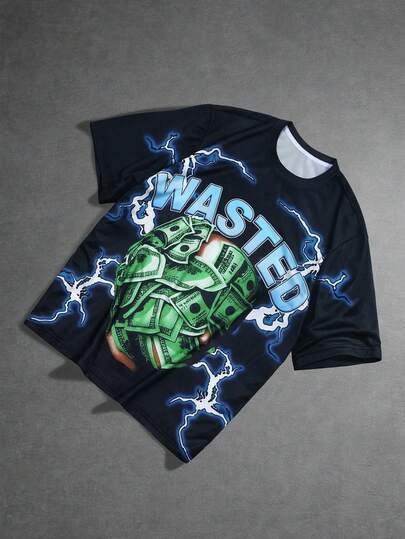 ROMWE MEN Street Life Men's Letter Print Round Neck Short Sleeve Casual Versatile T-Shirt