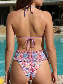 Swim Mod Bộ đồ bơi bikini cổ yếm họa tiết hoa xinh xắn dành cho nữ, phong cách cặp đôi, dành cho kỳ nghỉ hè trên bãi biển, phù hợp với cặp đôi - Nhiều màu - Xem 2