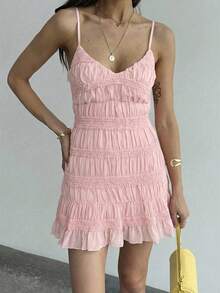 Aloruh Women's Deep V-Neck Textured Fabric Pink Vacation Dress,Pink Dress - Pink - View 3