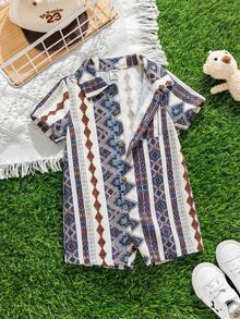 SHEIN 男婴几何图案短袖单排扣口袋休闲连体衣 - 彩色 - 查看 3