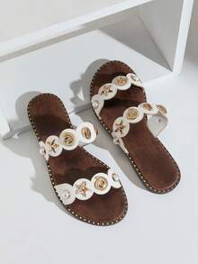 SHUZIA Women's Minimalist Comfortable, Durable, Double Band Slip-On Flat Sandals With Metal Ornaments Valentine's Day - White - View 6