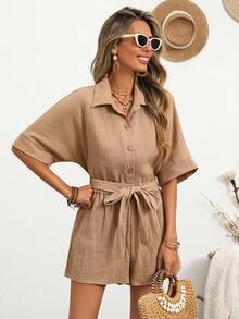 Breezaya Conjunto informal de 2 piezas de camisa de manga de murciélago de un solo botonadura y pantalones cortos de unicolor, holgado, para mujeres, conjunto de vacaciones de verano, conjunto de vestir de vacaciones, conjunto de verano para mujer, conjunto de 2 piezas informal, ropa de resort casual, vestido de vacaciones de mujer, cubrecostas de playa de algodón - Camel - Ver 3