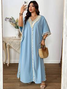 EMERY ROSE Plus Size Women Loose Vacation Middle East Beach Dress, Casual Resort Lightweight Elegant Tassel V-Neck Loose Long Sleeve Vacation Blue Plus Size Dress - Baby Blue - View 1