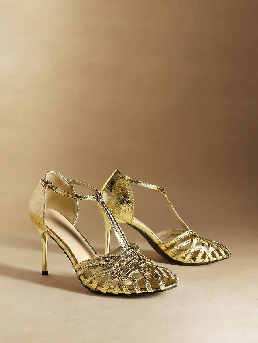 Rosivie New Elegant French Style High Heel Sandals For Women, Hollow-Out Roman T-Strap Qipao Dance Shoes Valentine's Day - yellow gold - View 1