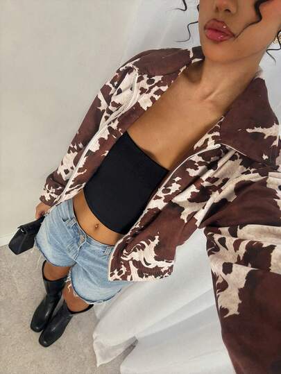 SHEIN Glamour Damjacka med långärmad dragkedja och kotryck, casual jacka med kotryck, västerländsk stil för kvinnor, kläder med kotryck för kvinnor, kort jacka för kvinnor