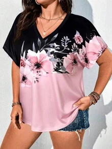 SHEIN 大码女式法式休闲优雅短袖印花T恤 - 彩色 - 查看 3