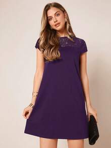 SHEIN Clasi Women's Solid Color Lace Patchwork Round Neck Short Sleeve Dress Purple Violet Shift For Women Cap Casual - Purple - View 5