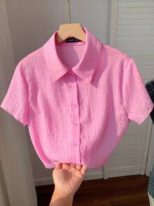Comfortcana Pink Textured Knit Fabric Button Front Short Sleeve Shirt Button Up Top Women Shirts Summer Crop Shirt For Women Cropped Shirts Cropped Button Up - Pink - View 5