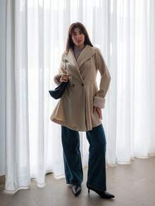 Hitanina 瀑布領雙排釦花呢外套 - 杏色 - 查看 4