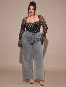 SHEIN BAE 大码波点印花网纱拼接方领长袖连体衣 - 黑與白 - 查看 4