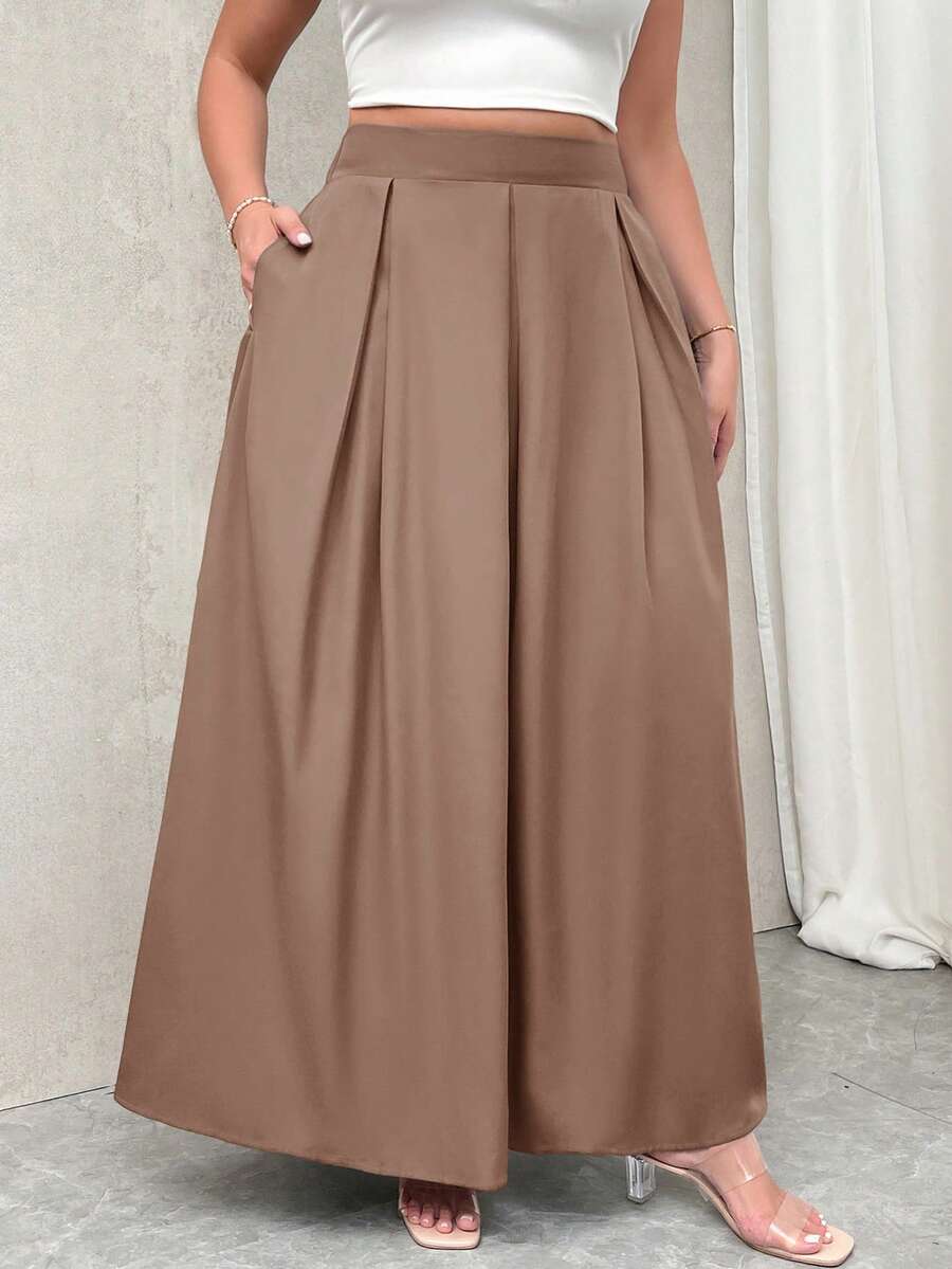 Firerie Plus Size Women Gray High Waist Maxi Pleated A-Line Skirt With Pockets, Elastic Waist, Fall Back To School - Brown - View 1