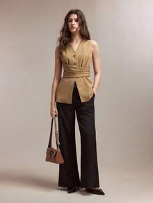 BizChic 2026春夏新款V领单排扣不对称褶皱收腰马甲，带隐形拉链内衬，浪漫休闲时尚优雅，适合派对和办公场合穿着。