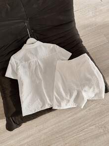 GlowEve Bộ đồ hè thanh lịch, thường ngày, chất liệu vải lanh trắng, cổ polo, tay ngắn và quần short. - trắng - Xem 2