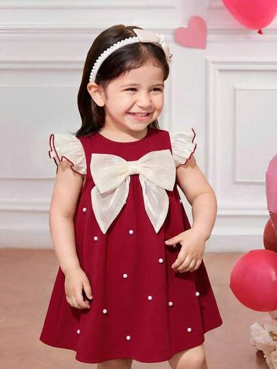 SHEIN Baby Girl Woven Colorblock Beaded Round Neck 3D Bow Ruffle Hem Casual Dress