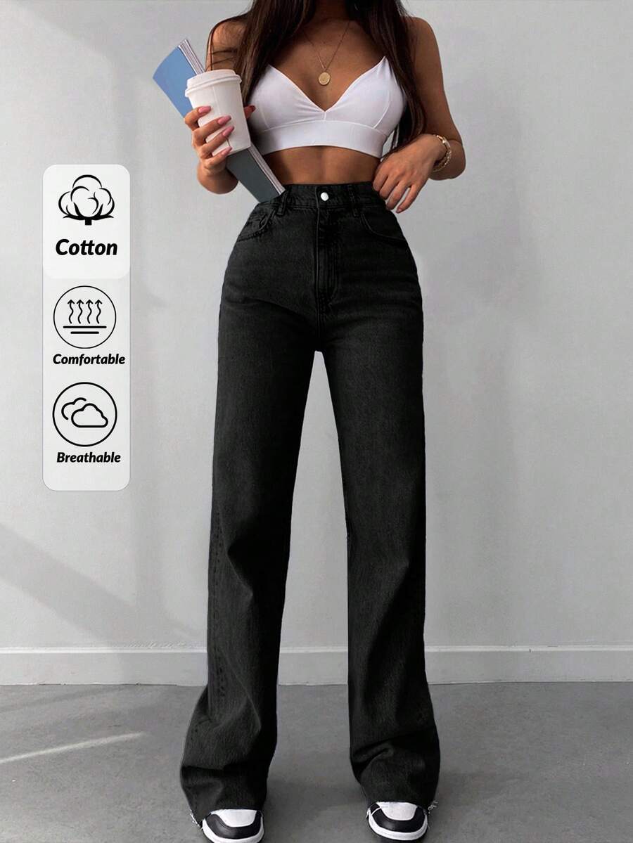 SHEIN Tall High Waist Raw Hem Wideleg Jean - Black - View 1