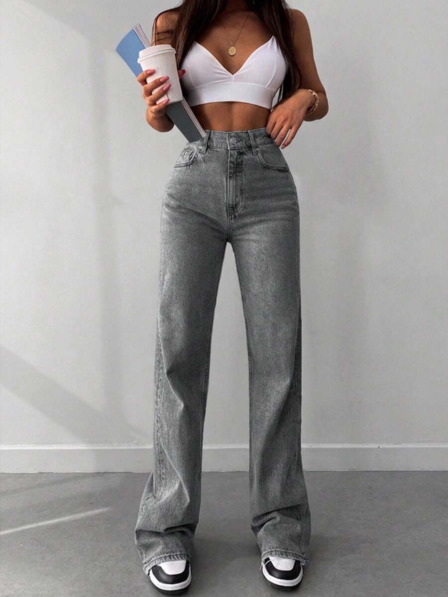 SHEIN Tall 100%纯棉女士斜插口袋休闲直筒牛仔裤 - 灰色 - 查看 1