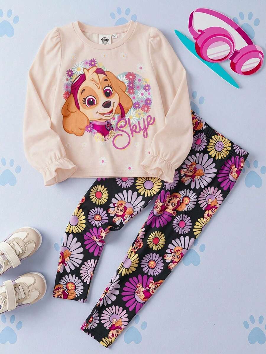 SHEIN | PAW Patrol 少女休闲度假户外日常通勤可爱卡通狗和花卉印花荷叶边袖T恤和裤子套装,春秋季 - 杏色 - 查看 1