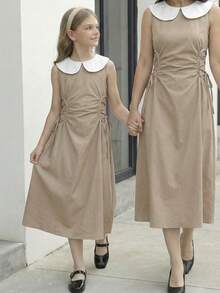 SHEIN Tween Girl Fashionable & Elegant Khaki Dress With White Peter Pan Collar Sleeveless Cinched Waist A-Line Midi Dress Tween Girls Casual Chic Commuter Elegant Khaki Dress - Khaki - View 8