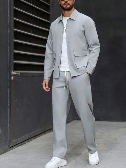 Manfinity CasualCool Men's Solid Color Long Sleeve Single-Breasted Cargo Pocket Jacket And Pants Casual Suit Casual Two Piece Set Men Men Two Piece Leisure Suits Men Grey Suit Set Men Co Ord Set Men Joggers Suit,Weekend Trips, Outdoor Activities, Travel Expeditions, Relaxed Work Environments Or Semi-Formal Occasions, Boyfriend/Husband Gift, Anniversary /Birthday Gift Party Summer Vacation Holiday New Years Wedding Valentine's Day        Grey Outfit Men Mens 2 Piece Outfit Mens 2 Piece Leisure Suits Men Casual Suit Mens Co Ord Set