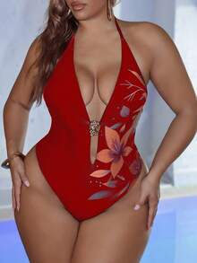 Swim SXY 大码女士新款连体泳衣，优雅数码定位印花，性感深V领，高端金属配件，可拆卸胸垫，颈肩带设计，丁字裤底，休闲时尚沙滩度假泳装 - 紅色 - 查看 1