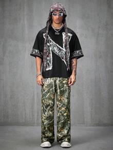 AXEPEAK 男士宽松数码印花短袖针织 T 恤 - 黑色 - 查看 5