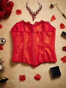 PinupPomp 缎面提花3D玫瑰装饰宫廷胸衣 - 紅色 - 查看 8