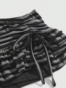 ROMWE Grunge Punk 复古黑灰条纹性感层叠荷叶边系带半身裙（女款） - 彩色 - 查看 3