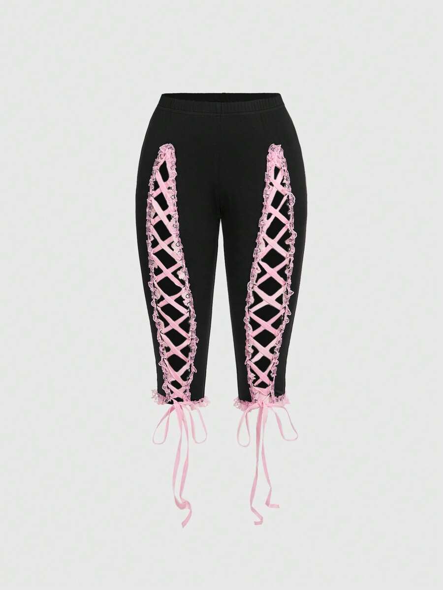 ROMWE Goth Women's Y2K Lace Trim Drawstring Waist Fitted Shorts - Black - View 1