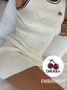 INAWLY Women's Casual Daily Cherry Embroidery Striped Patchwork Knit Dress - White - View 1