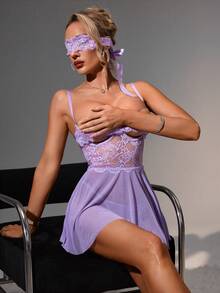 SpicyHot 3pcs Set: Lace Hollow-Out Underwire Sexy Nightgown + G-String + Eye Mask - Purple - View 4