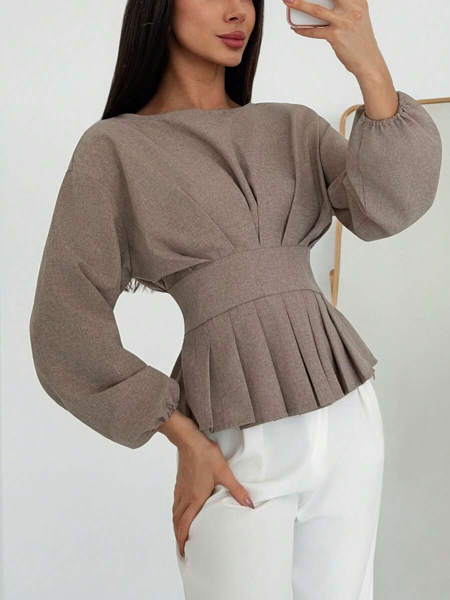 Aloruh Minimalistyczny strój biurowy w kolorze khaki, koszula damska z okrągłym dekoltem i długim rękawem, plisowana w talii, jesień/zima, nowość - Kolor khaki - Zobacz 1