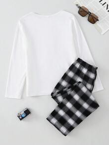 Tween Boys Pajamas-2 Pieces Pajama Set White Round Neck Long Sleeve Henley Top Black White Plaid Elastic Waist Long Pants Cozy Lightweight Nightwear Lounge Set All Season 2026 Holiday Essential Comfort Fit Gift - Black - View 2