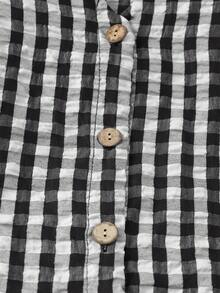 Linhara 女士大码春夏无袖拼接芙蓉花边下摆简约V领条纹丝网印花仿刺绣休闲连衣裙，正面带纽扣。 - 黑與白 - 查看 3