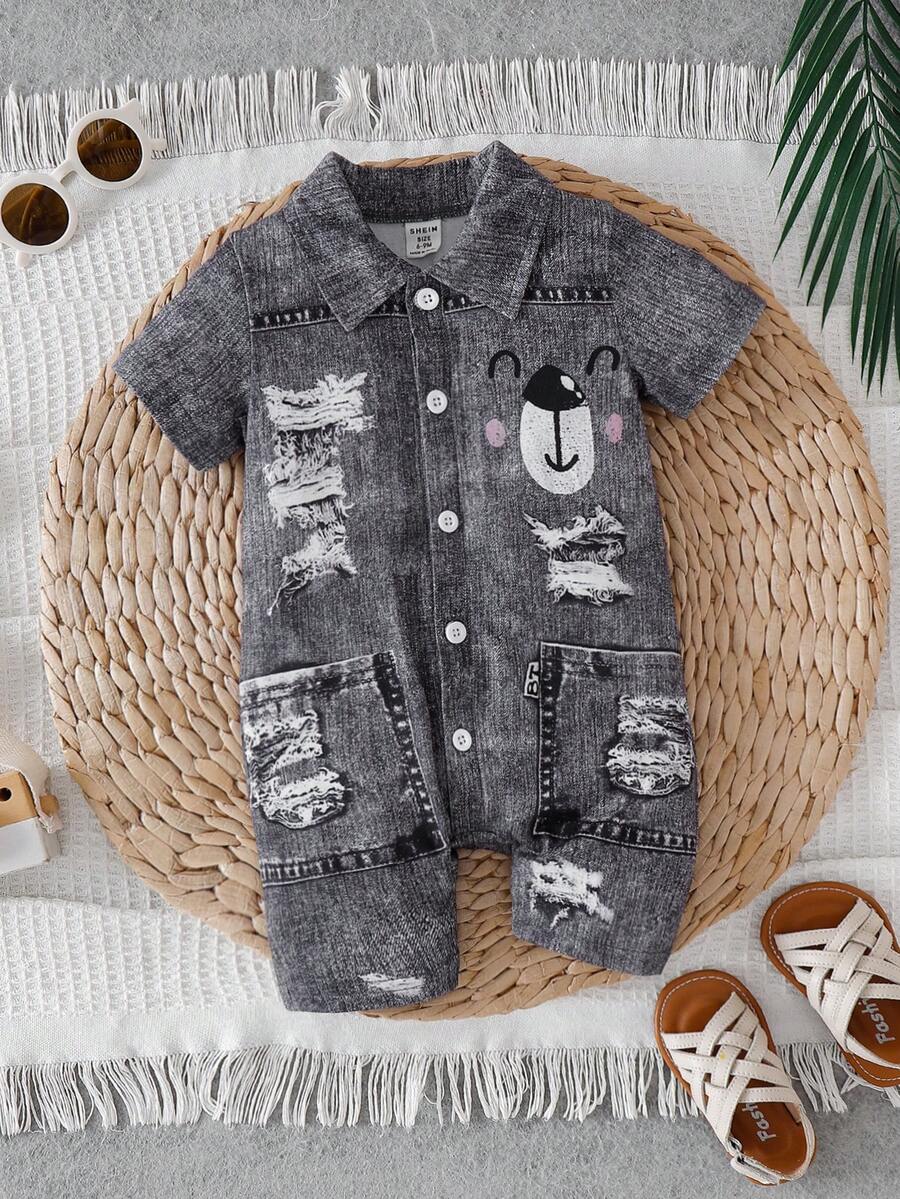 SHEIN 男婴牛仔印花短袖连体衣 - 深灰色 - 查看 1