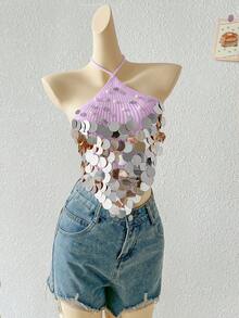 Sunnyshic Sexy Versatile Vacation Style Beaded Halter Knit Top - Purple - View 5